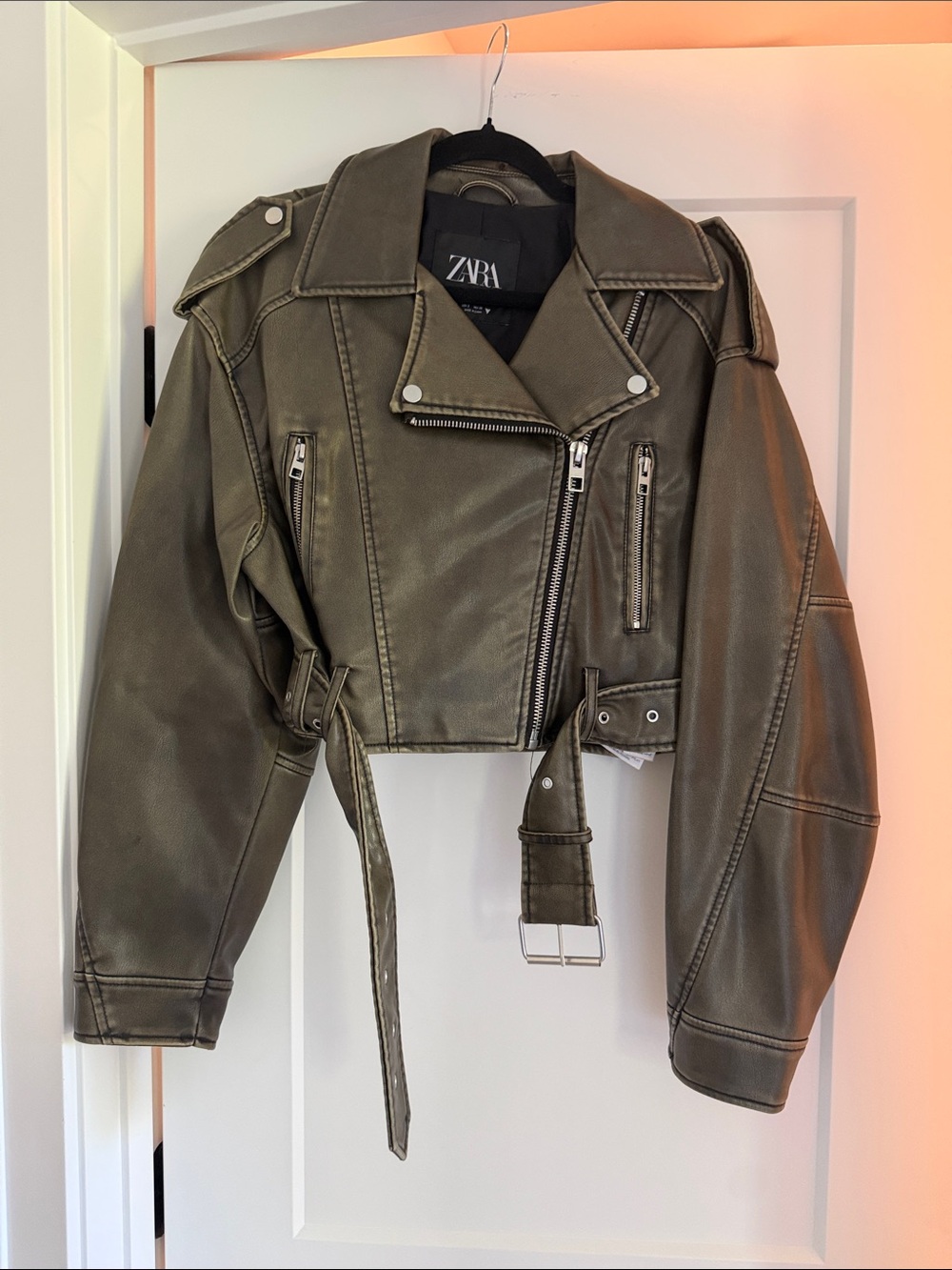 Zara Olive Green Cropped Faux Leather Moto Jacket